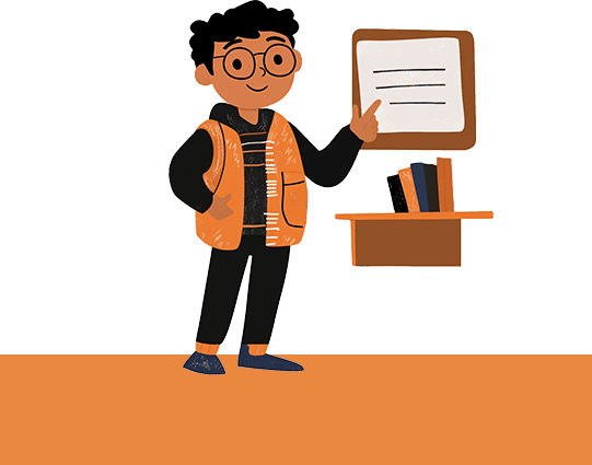 boy cartoon pointing at presentation board