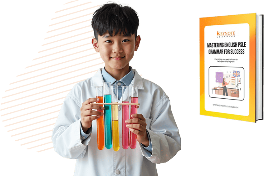boy holding test tubes with psle guidebook