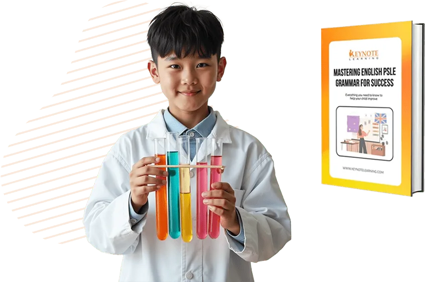 boy holding test tubes with psle guidebook