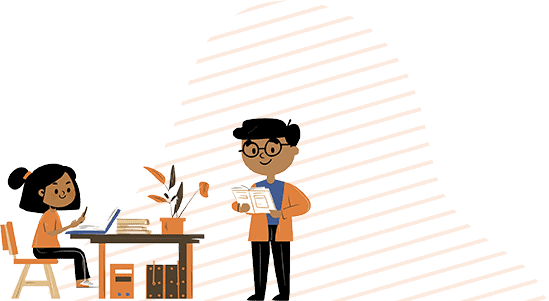 cartoon students studying and presenting