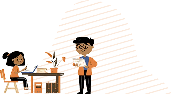 cartoon students studying and presenting