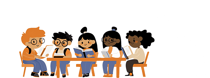 children reading books around a table