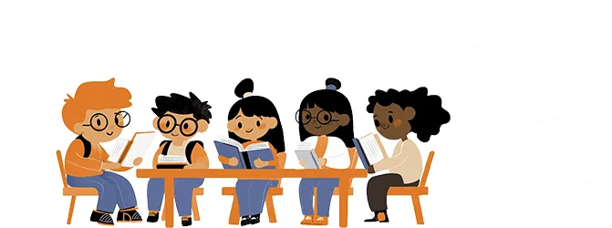 children reading books around a table