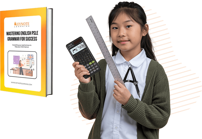 girl holding calculator with psle guidebook