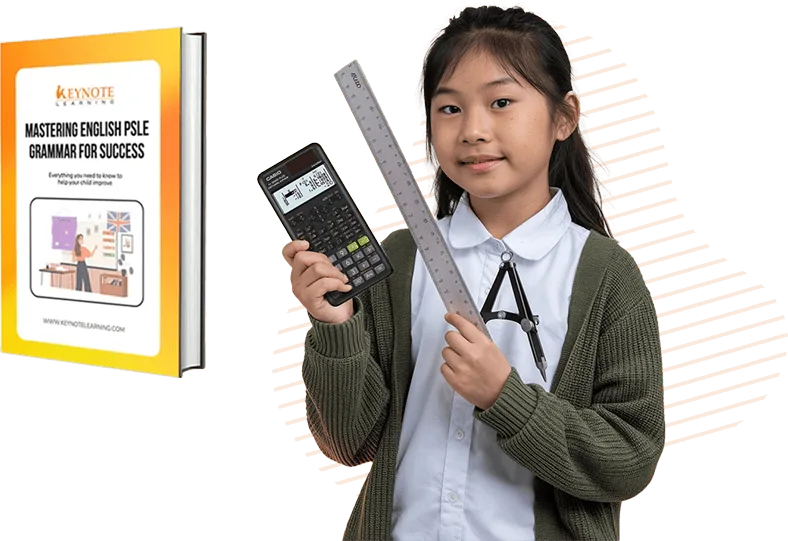 girl holding calculator with psle guidebook