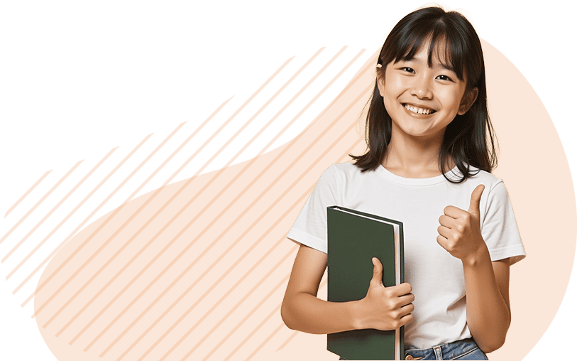 smiling girl holding book thumbs up