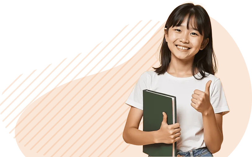 smiling girl holding book thumbs up